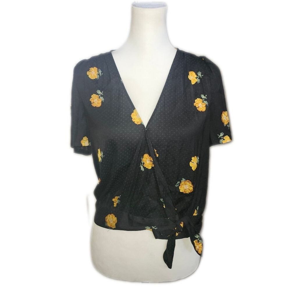 Madewell Black W Yellow Floral Wrap Top, V-neck, Short Sleeves, S